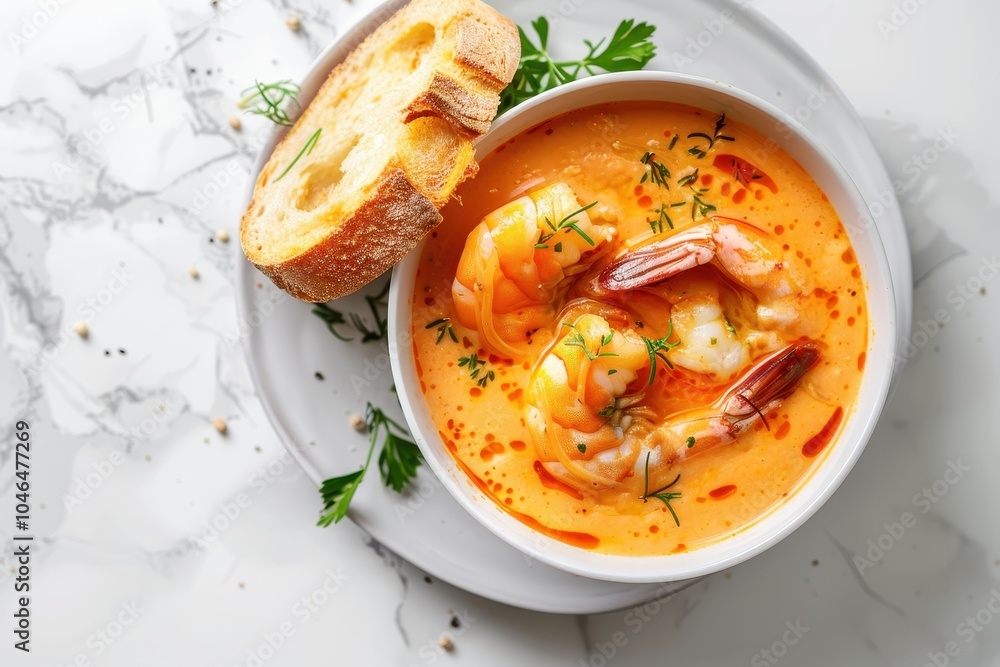 Royal prawn bisque with crusty bread Creamy soup in a cup on marble background Royal prawn bisque with crusty bread Creamy soup in a cup on marble background