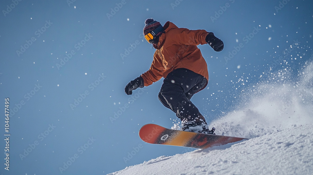 Snowboarder carving through fresh powder on a sunny day in the mountains Snowboarder carving through fresh powder on a sunny day in the mountains