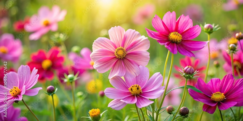 A cluster of vibrant pink and yellow cosmos flowers in a lush green garden, foliage, flower, stem A cluster of vibrant pink and yellow cosmos flowers in a lush green garden, foliage, flower, stem