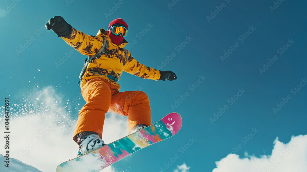 A snowboarder jumps against a bright blue sky in fresh powder during an exciting winter day A snowboarder jumps against a bright blue sky in fresh powder during an exciting winter day