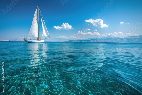 Sailing in the Aegean sea on a sailboat with white sails under a blue sky on a rippled sea photo