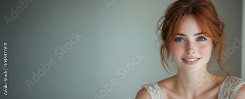 Smiling redhead woman with freckles and negative space for text AI generated