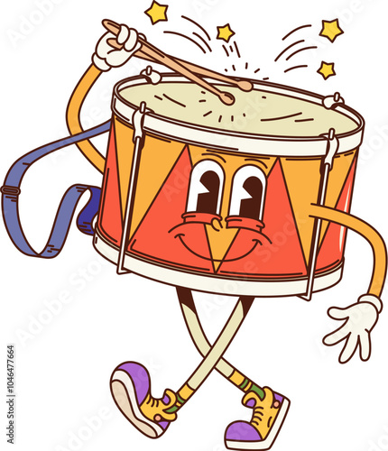 Cartoon drum groovy musical instrument character with sticks promotes educational classes for kids with retro vibe. Isolated vector funny percussion personage with drumsticks playing rhythmic music