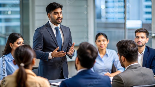 An Indian HR professional leading a training session for employees in a conference room. 