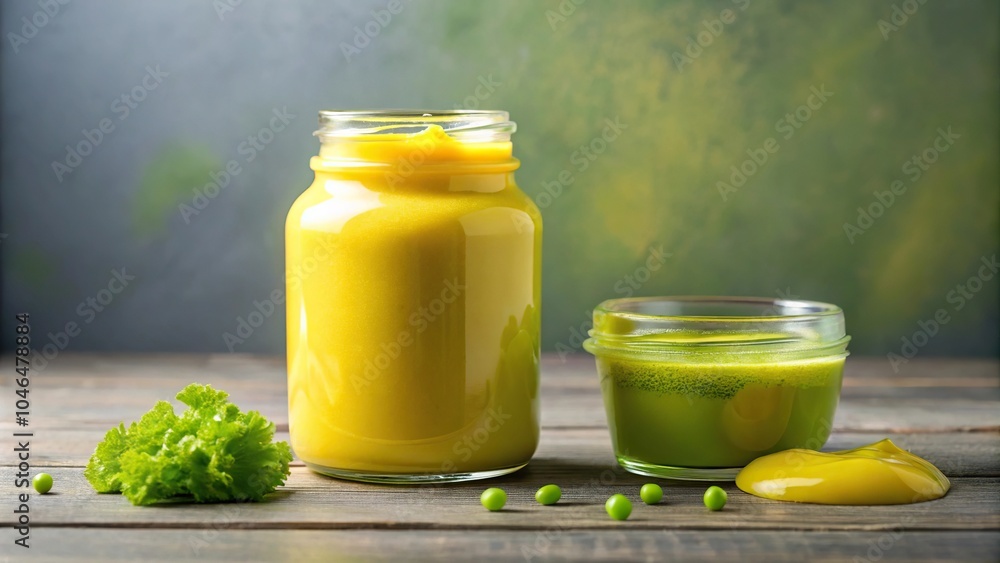 A bottle of yellow mustard sits next to a container of green slime, with a few drops of mustard dripping onto the slime, spill, drops, green, drip A bottle of yellow mustard sits next to a container of green slime, with a few drops of mustard dripping onto the slime, spill, drops, green, drip