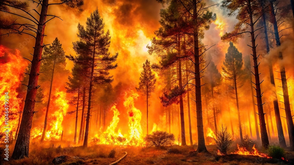 A blazing forest fire with flames engulfing trees and underbrush, woods, burning, wildfire A blazing forest fire with flames engulfing trees and underbrush, woods, burning, wildfire