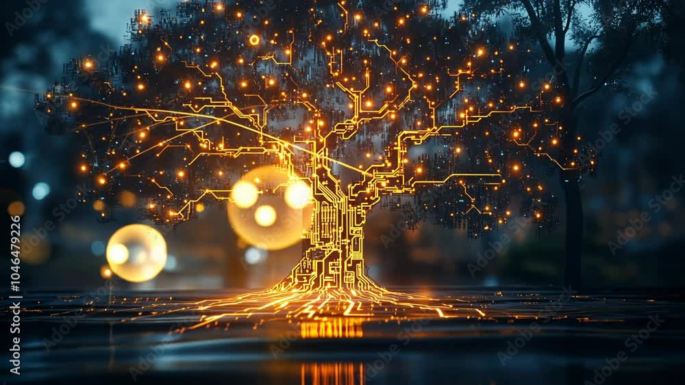 A digital tree with glowing circuits stands in a dark environment.