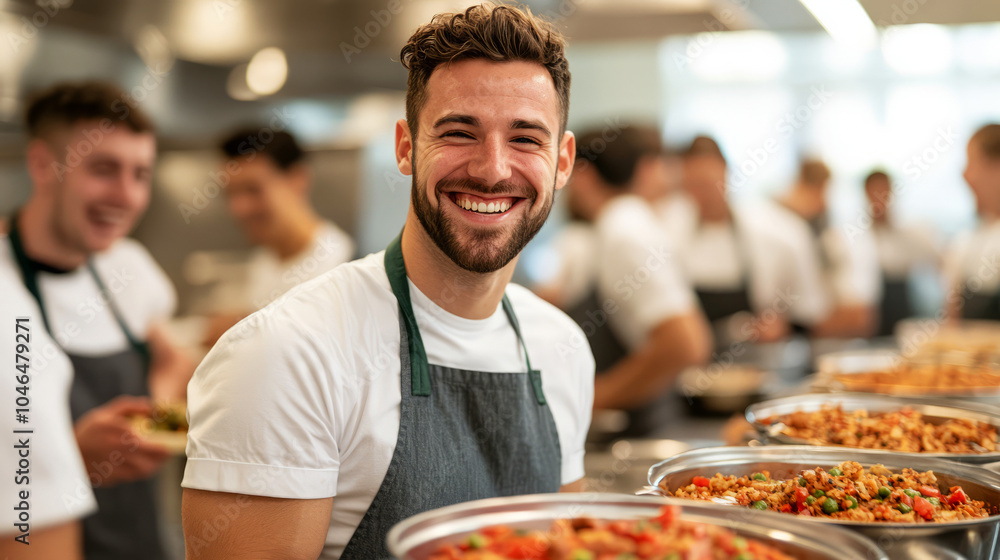 Smiling Chef in Busy Kitchen with International Students Smiling Chef in Busy Kitchen with International Students