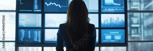 Company financial management, woman reviewing financial charts on a large screen, contemporary office interior, professional look photo