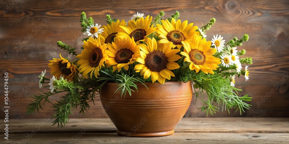 A beautiful arrangement of sunflowers and daisies in a large ceramic pot with a few sprigs of rosemary, flowers, garden decor, vases, home decor A beautiful arrangement of sunflowers and daisies in a large ceramic pot with a few sprigs of rosemary, flowers, garden decor, vases, home decor