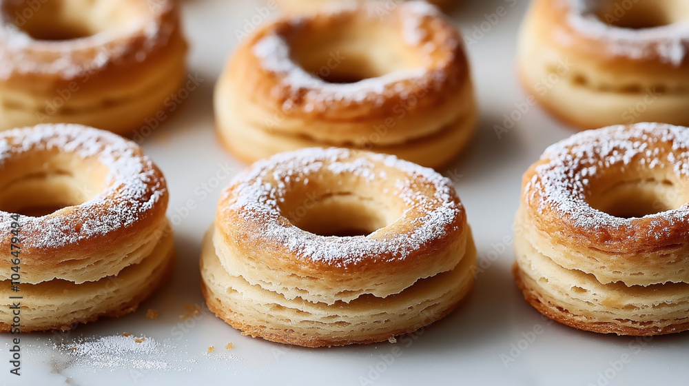 Close-up view of layered pastry donuts dusted with powdered sugar on a light surface, showcasing flaky texture and round shape. Close-up view of layered pastry donuts dusted with powdered sugar on a light surface, showcasing flaky texture and round shape.