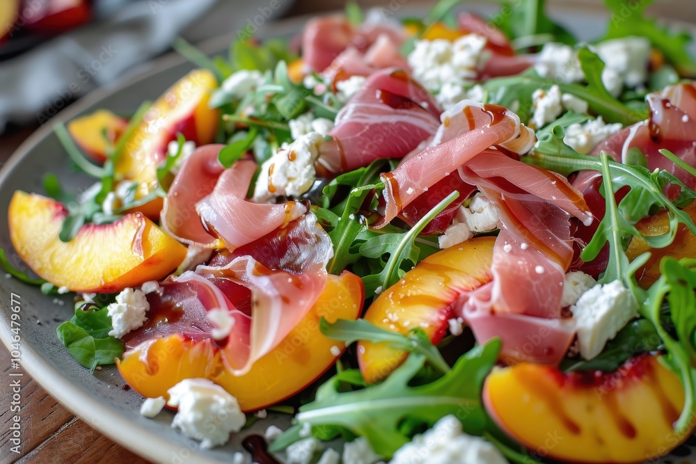 Salad with peaches arugula prosciutto and goat cheese dressed in balsamic vinegar Salad with peaches arugula prosciutto and goat cheese dressed in balsamic vinegar