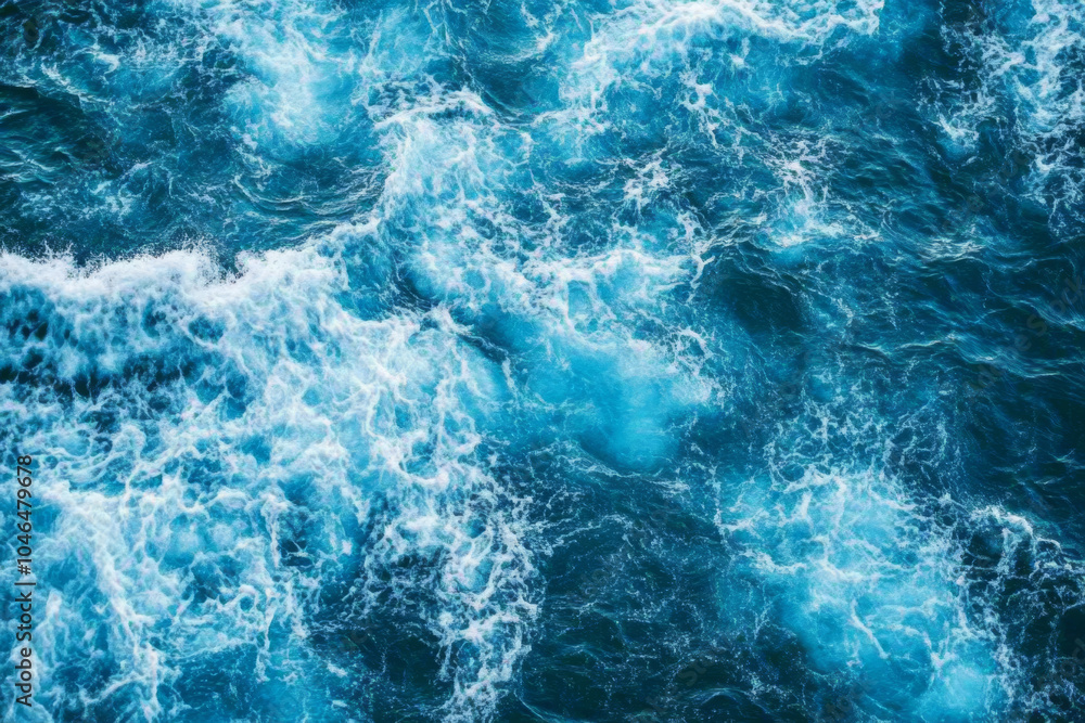 Deep blue ocean water with swirling waves and splashes. Top view of vibrant seascape with sea water Deep blue ocean water with swirling waves and splashes. Top view of vibrant seascape with sea water
