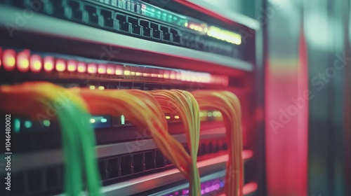 A network switch with connected colorful cables in a data center setup.