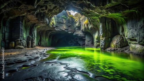 Dark cave with black walls and thick green slime covering the ground, rocky, slimy, ground, rough, dirty