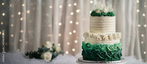 Fototapeta Naklejka Na Ścianę i Meble -  Two tier layered white green wedding cake romantic floral elegant tiered buttercream roses vintage celebration classic dessert reception decor banner copy space background blurred soft fairy lights ad