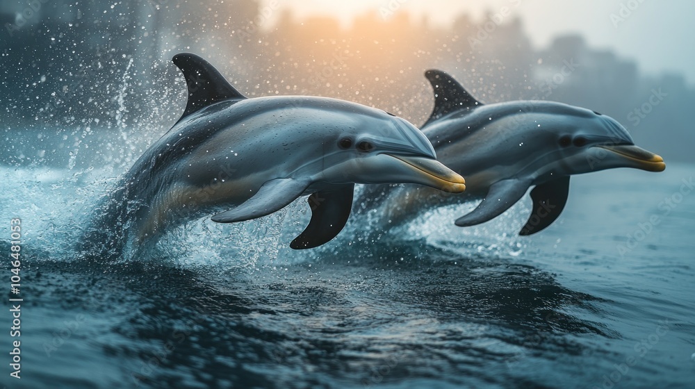Fototapeta premium Two dolphins leaping from the water at sunrise.