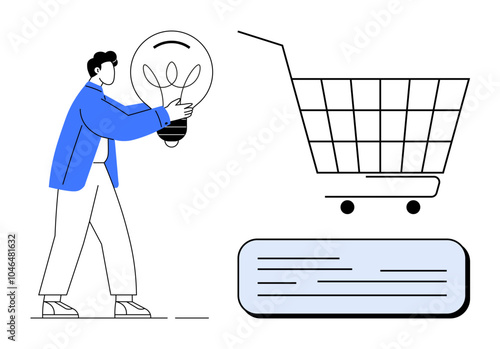 A person holding a lightbulb approaches a shopping cart icon, highlighting innovative ideas in online shopping. Ideal for e-commerce, innovation, online retail, creative solutions, technological