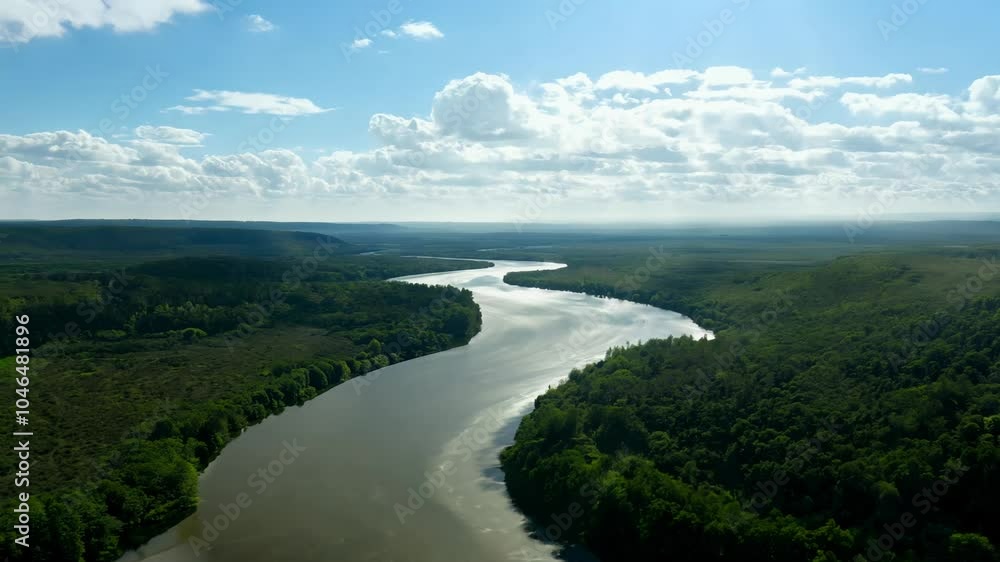Camera movement zoom out, bright daylight, wide video of meandering rivers, midday with scattered clouds, blue sky reflected in the water Camera movement zoom out, bright daylight, wide video of meandering rivers, midday with scattered clouds, blue sky reflected in the water