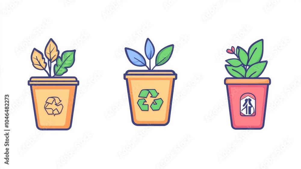 Simple line icons representing recycling and eco-friendly waste management.
Simple line icons representing recycling and eco-friendly waste management.