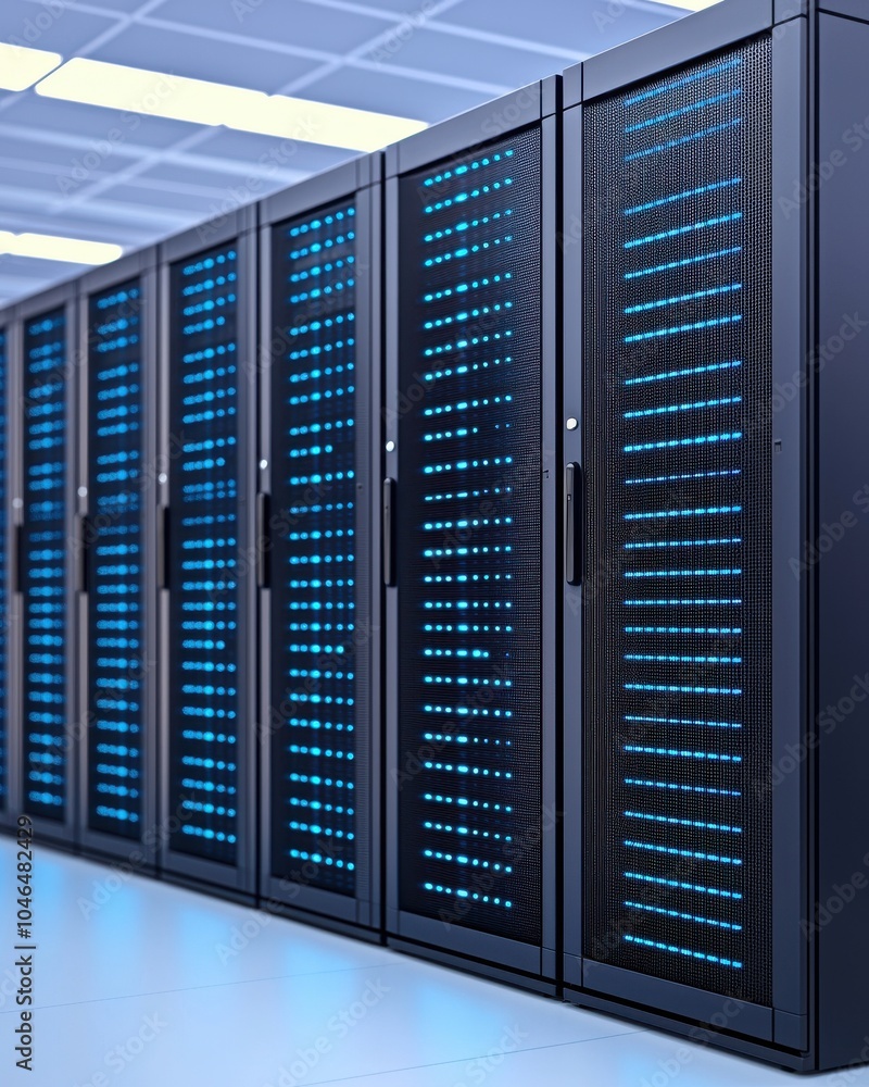 Data center with blue-lit servers, modern technology setup, white isolate background. Data center with blue-lit servers, modern technology setup, white isolate background.