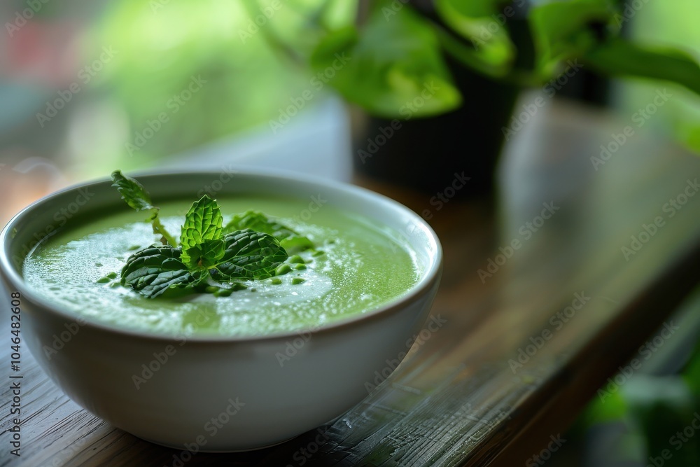Serve cream soup with peas and mint cream dressing Serve cream soup with peas and mint cream dressing