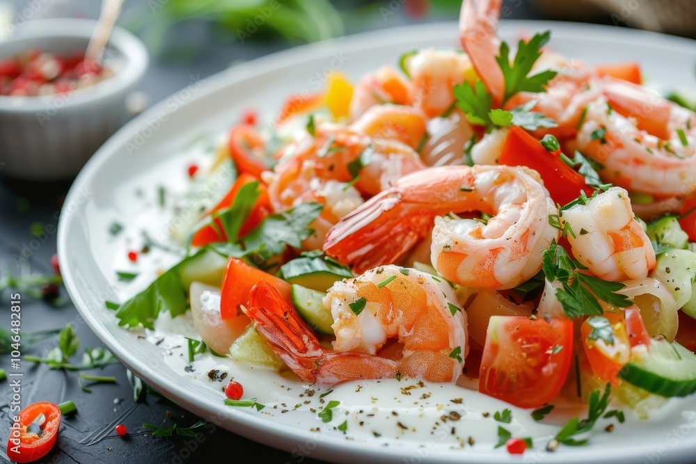 Shrimp salad with veggies and creamy sauce Shrimp salad with veggies and creamy sauce