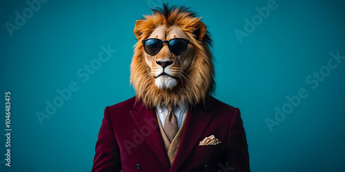 Fototapeta Naklejka Na Ścianę i Meble -   A lion wearing a sleek red suit and sunglasses exudes confidence and style. This blend of animal power with formal attire creates a bold, fashionable, and surreal visual