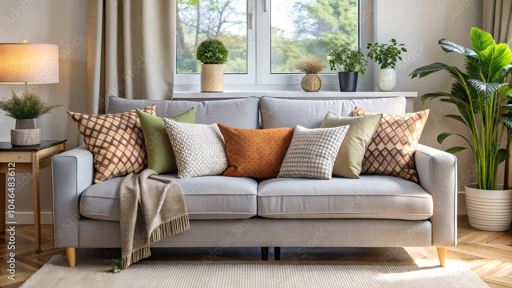 Fototapeta premium Cozy Living Room with Earthy Cushions on Gray Sofa and Greenery-Filled Bright Background