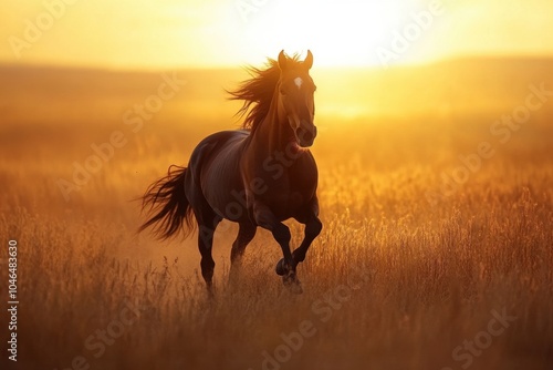 A horse galloping through a field of tall, golden grass with the sun setting behind, creating a dramatic and energetic scene full of freedom and movement.