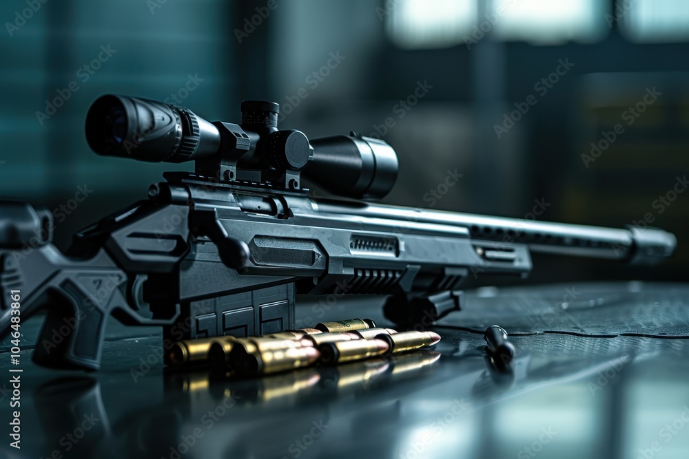 Sniper rifle with cartridges on dark background for long range shooting Sniper rifle with cartridges on dark background for long range shooting