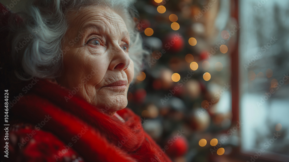 Close-up of an elderly woman wearing a red scarf, gazing thoughtfully out the window with a Christmas tree blurred in the background.
Close-up of an elderly woman wearing a red scarf, gazing thoughtfully out the window with a Christmas tree blurred in the background.
