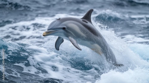 A dolphin leaps out of the ocean waves, showcasing its agility and grace in marine life. photo