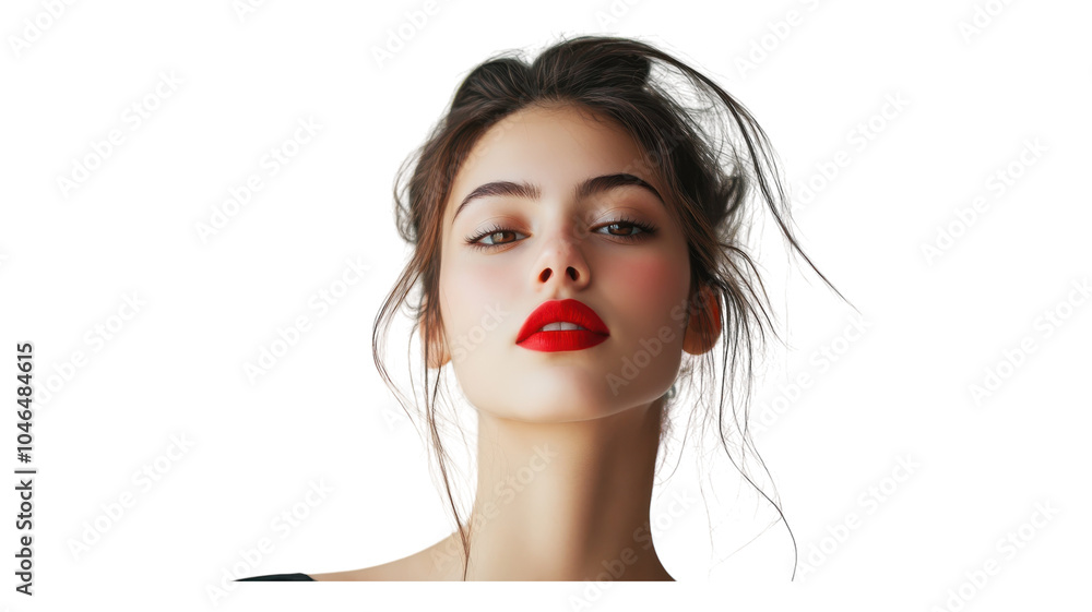 A young woman with striking red lips gazing confidently at the camera against a transparent background. A young woman with striking red lips gazing confidently at the camera against a transparent background.