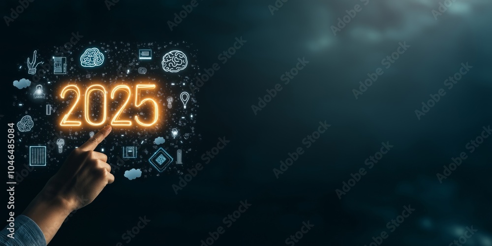 A creative illustration of the number 2025 glowing on a futuristic touchscreen, with a hand reaching to touch it, symbolizing innovation, technology, and the digital future A creative illustration of the number 2025 glowing on a futuristic touchscreen, with a hand reaching to touch it, symbolizing innovation, technology, and the digital future