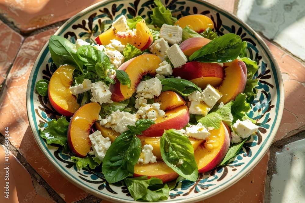 Summer salad with peaches goat cheese herbs on a terracotta table in bright light top view Summer salad with peaches goat cheese herbs on a terracotta table in bright light top view