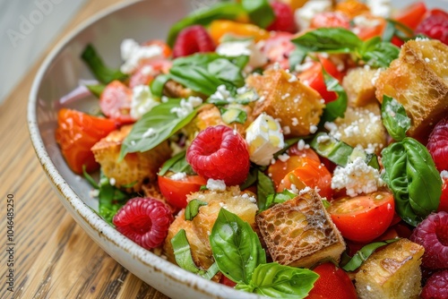 Summer salad with tomatoes raspberries basil and goat cheese