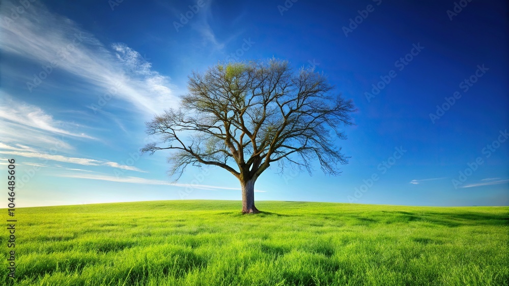 Obraz premium A single, solitary tree stands alone in a vast expanse of green grass, its branches stretching upwards like skeletal fingers against the bright blue sky, landscape, solitude, calm, isolation