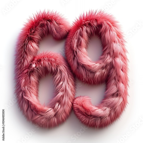 Pink furry number 69 isolated on white background. photo