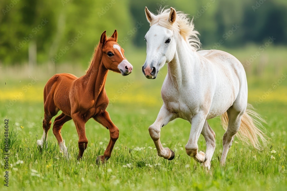 A young foal playfully running beside its mother in a lush green pasture, capturing the joy and innocence of youth and the bond between mother and child in the animal kingdom. A young foal playfully running beside its mother in a lush green pasture, capturing the joy and innocence of youth and the bond between mother and child in the animal kingdom.
