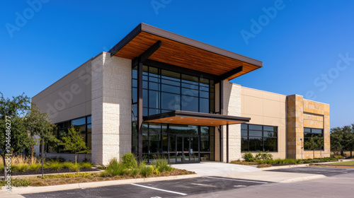 Modern commercial building with sleek design featuring large glass windows and wooden overhang. exterior combines beige and brown tones, surrounded by greenery