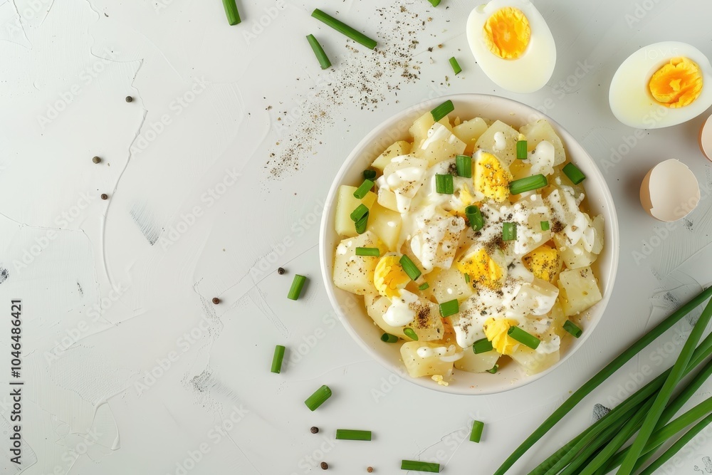 Top view of delicious potato salad with eggs green onion yogurt mayo dressing on white background Top view of delicious potato salad with eggs green onion yogurt mayo dressing on white background