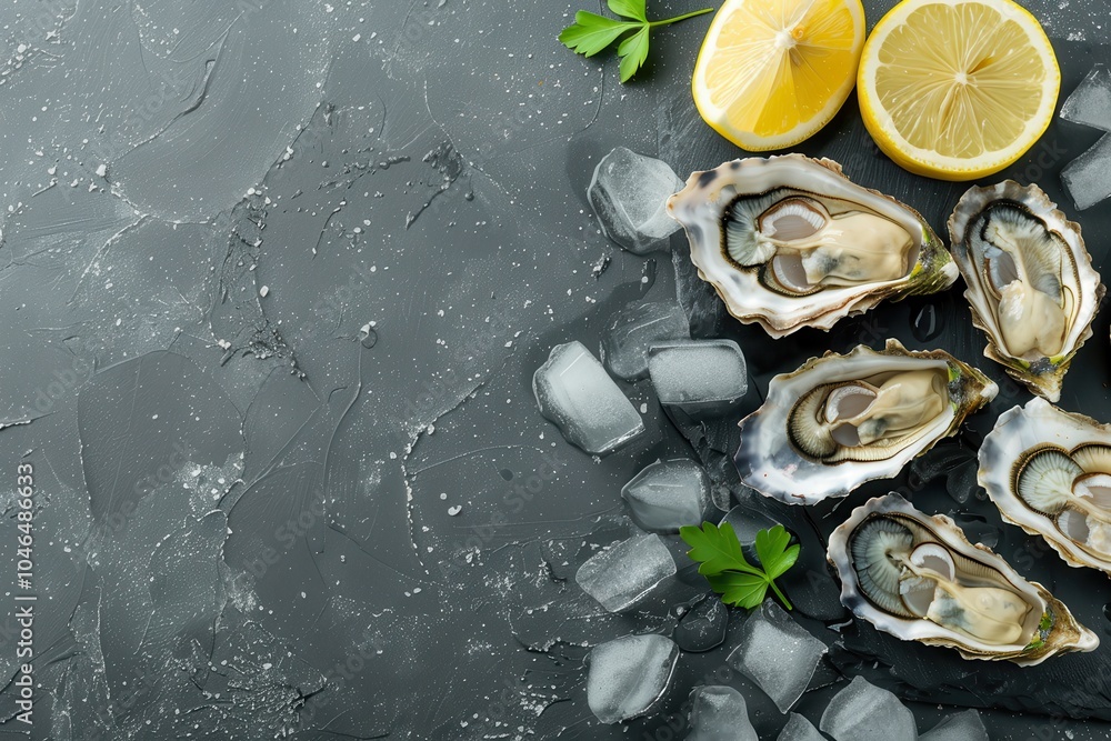 Top view of half dozen opened oysters with ice and lemon on stone table with copy space Top view of half dozen opened oysters with ice and lemon on stone table with copy space
