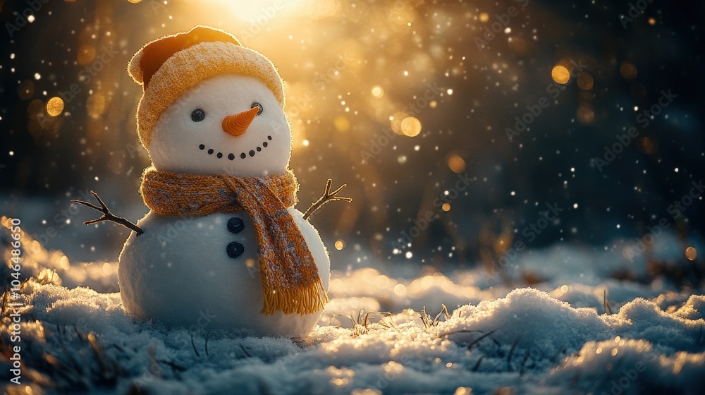 Obraz premium A cheerful snowman stands in a snowy landscape, illuminated by warm sunlight.