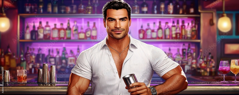 Stylish Bartender in a Vibrant Bar Setting Stylish Bartender in a Vibrant Bar Setting
