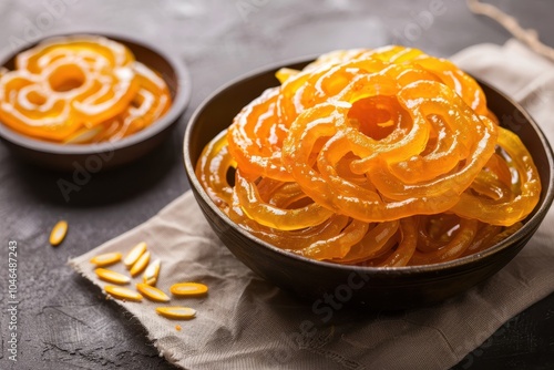 Traditional Indian sweet Jalebi and Fafda with Sambhara a popular snack during festivals Copy space available photo