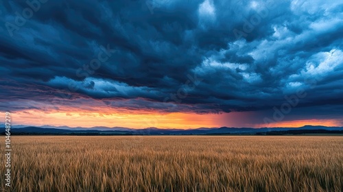 Vast field under dramatic sky with dark clouds and vibrant sunset colors.