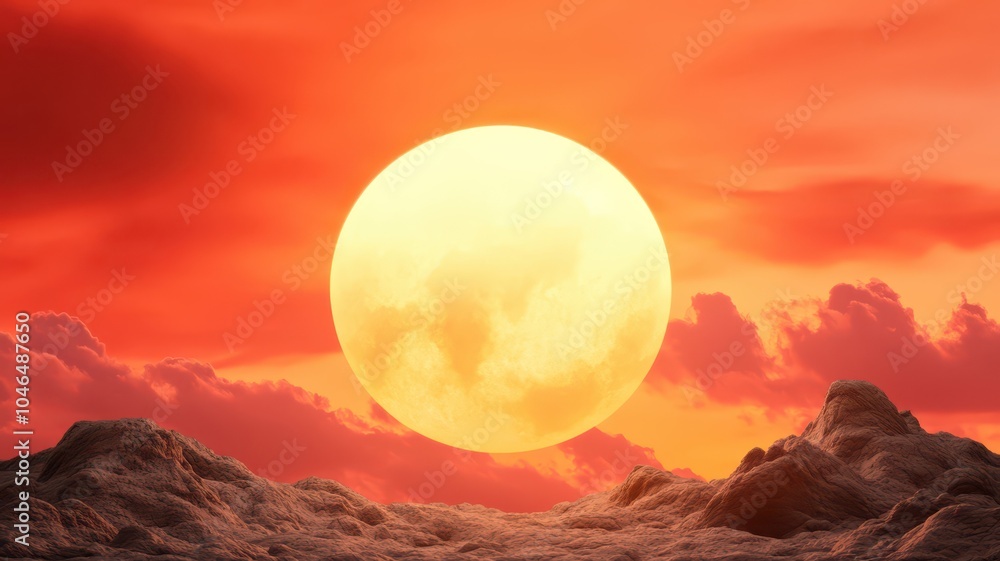 Fototapeta premium Cheerful sunshine glowing at the horizon, spreading warmth and positivity across the serene landscape.