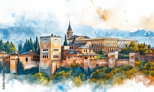 Watercolor Alhambra palace in Granada, Spain, Europe