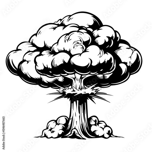 Mushroom cloud black and white graphic illustration depicting nuclear bomb blast symbol representing war disaster threat global crisis concept stylized sketch drawing design element.